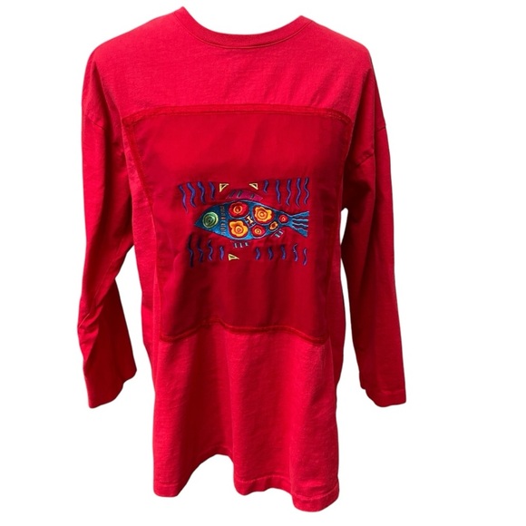 Vintage Johnny Was Women’s Red Long Sleeve Shirt Embroidered Fish One Size - Picture 3 of 8